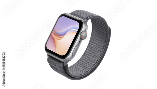 Modern smartwatch with grey fabric band displaying colorful abstract wallpaper, isolated on transparent background