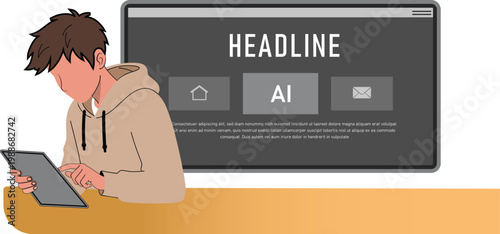 Person using tablet with AI technology interface, digital dashboard and UX design concept , Young man using tablet with AI dashboard