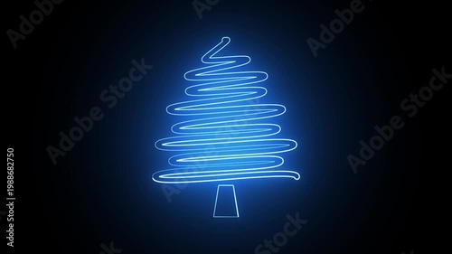 Blue Neon Christmas Tree Line Animation on Black Background