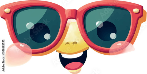 Funny face, cartoon character, smiling emoticon, red sunglasses, vector emoji