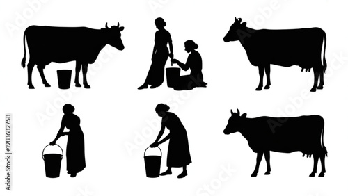 Indian Woman Milking Cow Silhouette Vector Set – Traditional Dairy Farming Scene Collection