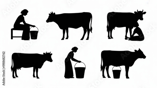 Indian Woman Milking Cow Silhouette Vector Set – Traditional Dairy Farming Scene Collection