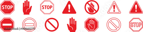 Set of Red Stop Sign Icons and Warning Symbols Collection, No Entry, Prohibited, Hand Stop Gesture, Traffic Safety Vector Isolated on White Background