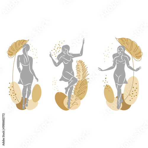 Collection. Silhouette of a cute lady and leaves of a plant. The girl is standing. The woman has a beautiful figure. She is young and slim. Vector illustration set.