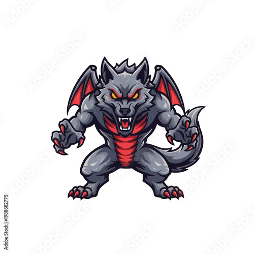 Fierce cartoon werewolf with bat wings and red accents.
