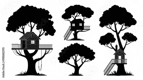 Treehouse Silhouette Vector Set – Wooden Treehouse Built on Branches Outdoor Adventure Collection