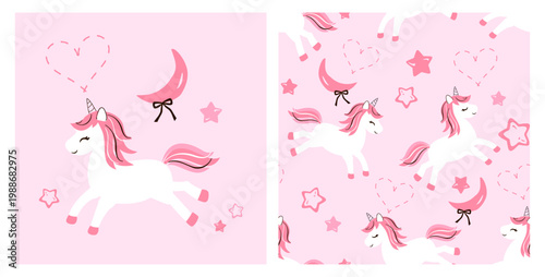 Cute unicorn moon and star seamless pattern pastel pink fantasy background design.