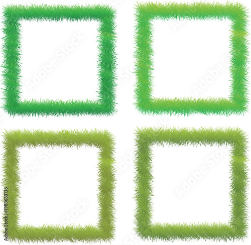 Green fuzzy square frame set with rough edges. Grass texture borders for labels, highlights, and UI elements. Minimal organic box shapes isolated on white background.