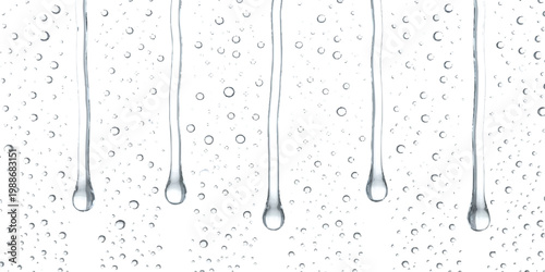 Realistic water droplets on glass surface with vertical streaks vector illustration