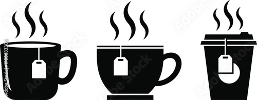 Black Silhouette Hot Tea Cups and Takeaway Mug Icons