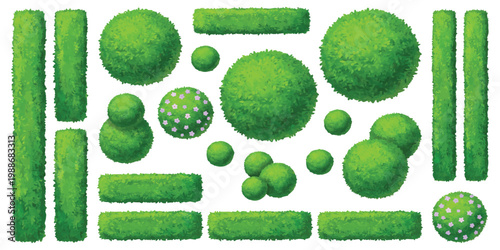 Top view garden hedges and decorative shrubs vector illustration set