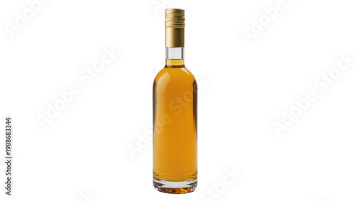 Foto Clear glass bottle with golden cap filled with amber liquid, isolated on transpa