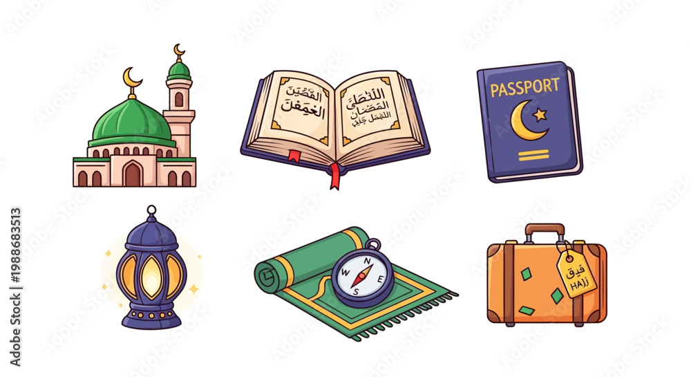 Obraz premium Islamic culture and travel essentials, from religious artifacts to journey necessities