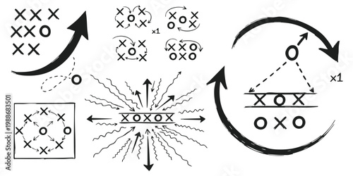 Abstract hand drawn tactical sports diagrams with arrows and symbols vector illustration