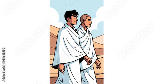 Two men wearing ihram clothing, symbolizing the spiritual journey of Hajj and Umrah, in a desert landscape