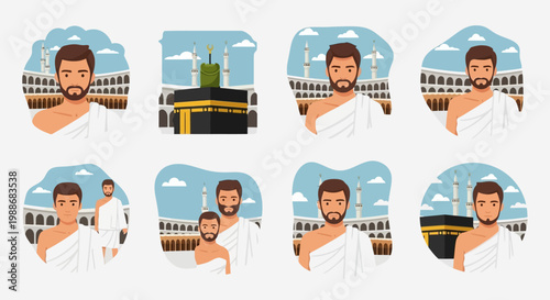 Muslim pilgrims in ihram clothing performing Hajj at the Kaaba in Mecca, a spiritual journey illustration
