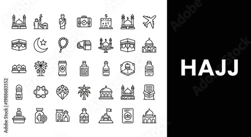 Collection of Hajj icons representing Islamic pilgrimage, religious symbols, and travel elements