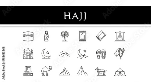 Islamic Pilgrimage Icons A Collection of Symbols Representing the Hajj Journey and its Sacred Elements