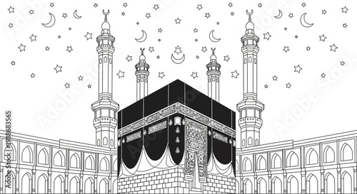 The Kaaba in Mecca, a sacred site in Islam, depicted in a black and white illustration with crescent moons and stars adorning the sky above the grand mosque architecture and minarets