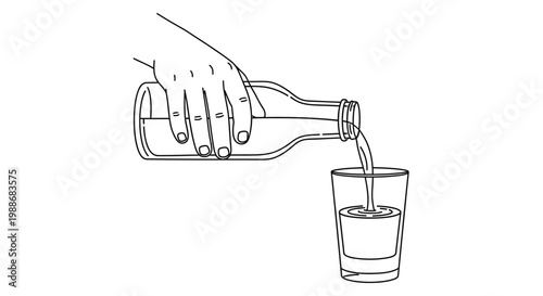 Line drawing depicts a hand pouring liquid from a bottle into a glass