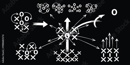 Chalkboard style strategic flowchart showing tic tac toe game mechanics vector illustration
