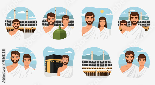 Illustrations of Pilgrims in Hajj performing religious rituals at the Grand Mosque and Kaaba in Mecca, Saudi Arabia