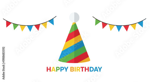 Colorful birthday decorations including a party hat and festive bunting