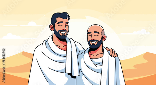 Two happy Muslim men embracing during a spiritual pilgrimage in the serene desert landscape, symbolizing brotherhood, faith, and shared joy on their sacred journey