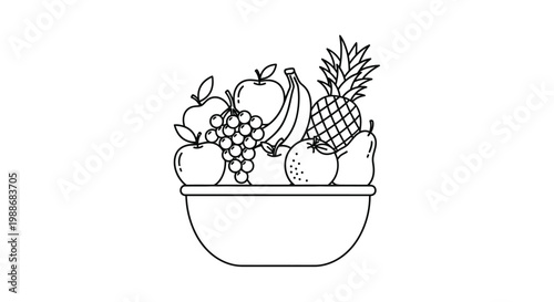 A black and white line drawing of a fruit bowl arrangement