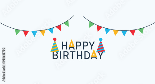 Colorful birthday banner with party hats and celebratory text