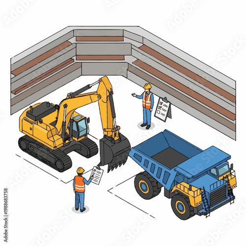 Construction site with excavator and dump truck workers overseeing operations.