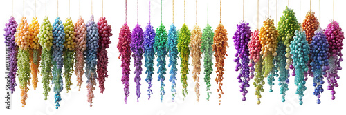  Set of cascading clusters, hanging in a row against Each cluster transitions through a gradient of colors isolated on a transparent background 