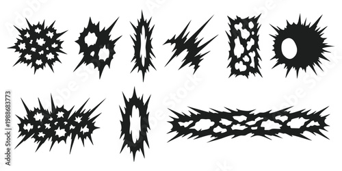 Set of black distorted spike shapes for edgy grunge vector design