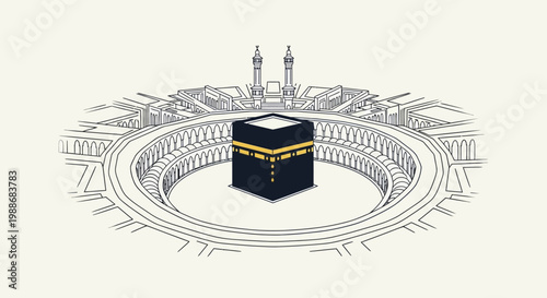 Illustration of the holy Kaaba in Mecca, the sacred site of pilgrimage for millions of Muslims, symbolizing profound faith and spiritual unity