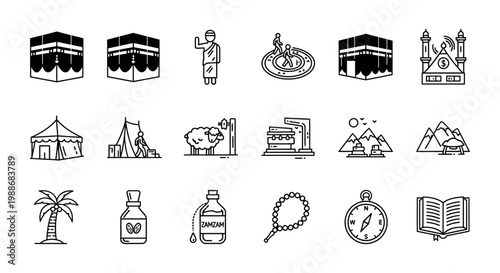 Set of Islamic icons representing pilgrimage, religious sites, and cultural symbols related to the Hajj journey