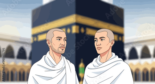 Two devout Muslim men dressed in traditional white Ihram garments stand contemplatively before the sacred Kaaba in Mecca, Saudi Arabia, during a deeply spiritual pilgrimage