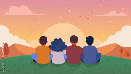 Diverse group of people standing together on a grassy field under a colorful sky