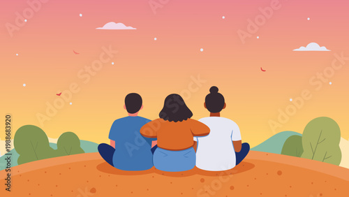 Three individuals sitting together on a desert landscape at sunset