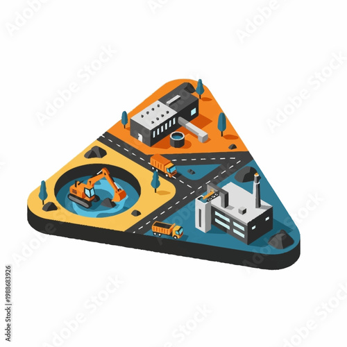 Industrial construction site with factory and excavator toy model.