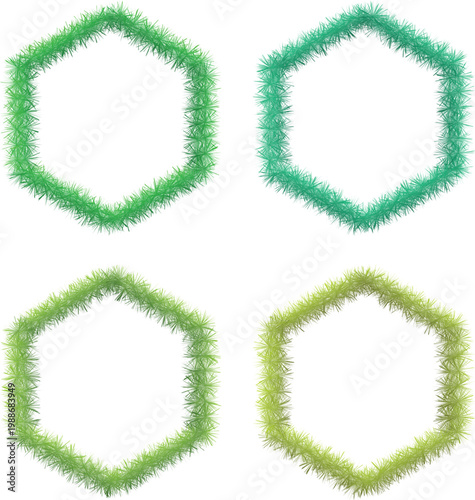 Green fuzzy hexagon frame set with soft gradient texture. Abstract fur polygon shapes isolated on white background. Organic geometric borders for modern design use.