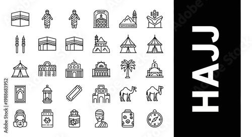Vector collection of outline icons representing the sacred Islamic pilgrimage of Hajj, showcasing essential symbols, rituals, and holy sites for a spiritual journey to Mecca
