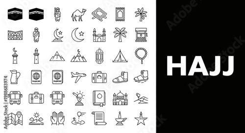 Comprehensive Hajj Pilgrimage Journey Icon Set Vector Graphics Representing Islamic Rituals, Travel Essentials, and Cultural Symbols