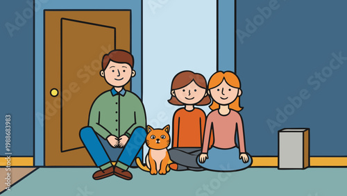 Family of four including a man, woman, and two children with a dog indoors