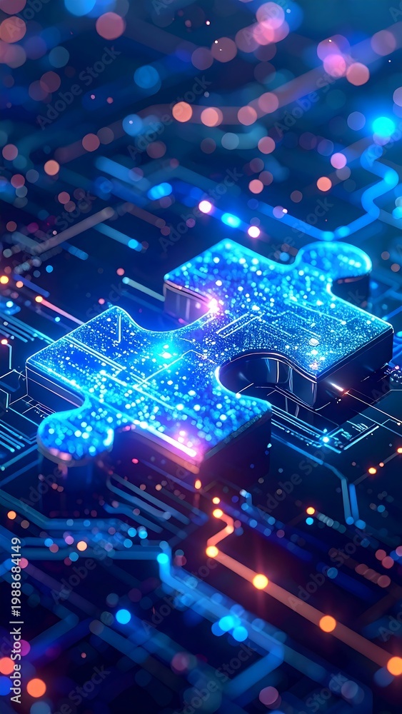 Obraz premium A vibrant, glowing jigsaw piece sits atop a circuit board, suggesting digital connection and problem-solving, rendered with bright blues and orange bokeh