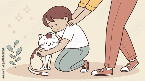 Child assisting an adult in caring for a small dog and kitten together