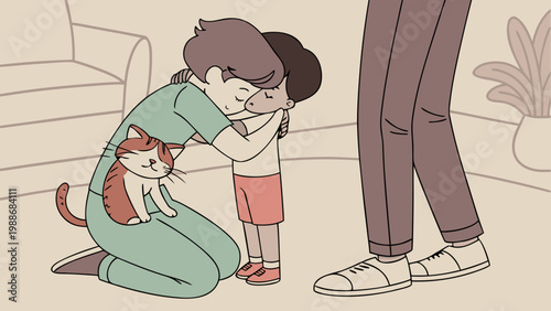 Child sitting on ground while being comforted by an adult during a moment of distress