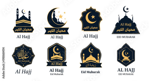 A diverse collection of elegant Islamic vector emblems, badges, and logos celebrating sacred pilgrimage and festive religious holidays with iconic mosque, crescent moon, and star motifs