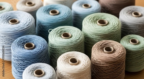 Array of spools filled with diverse, subtly colored threads arranged closely