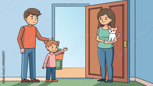 Family welcoming a child into their new home with a key