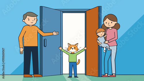 Family welcoming a small dog through an open doorway together
